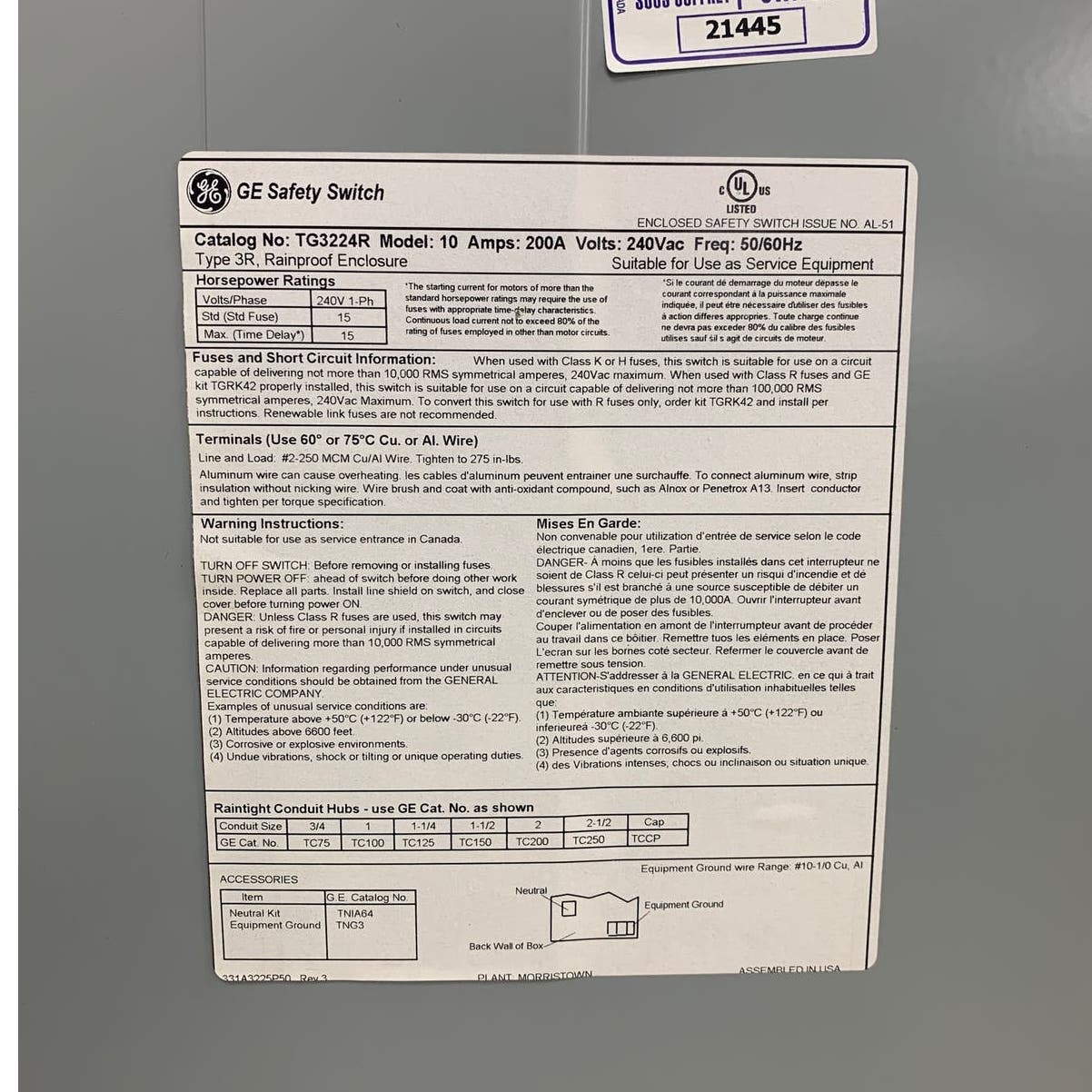 New GE General Electric Heavy Duty 200A Metal Box Safety Switch Shutoff