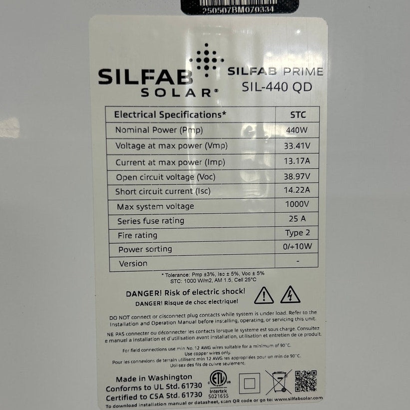 New Silfab Prime 440W QD 108 HC 1000V Residential Black Solar Panel Module