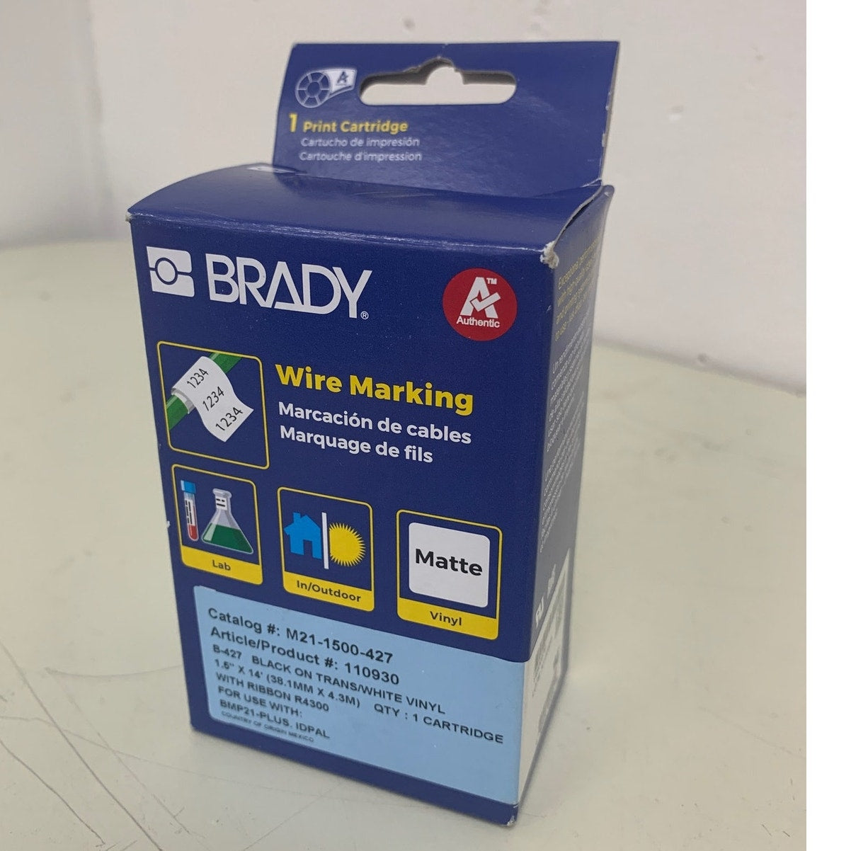 New Brady 1.5" Matte Self Lam Vinyl Wire Marking Black On White Print Cartridge