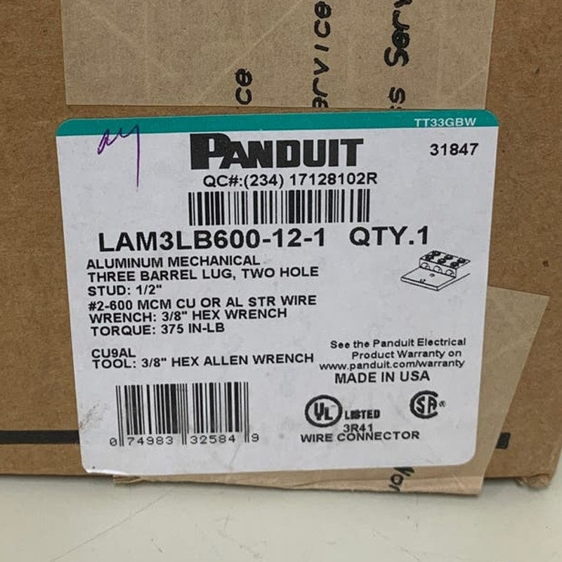 New Panduit LAM3LB600-12-1 Aluminum Mechanical 3 Barrel Lug Two Hole 1/2" Stud