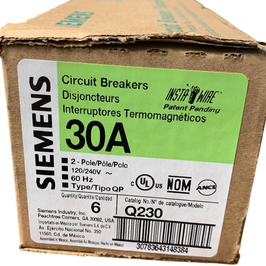 New Box of 6 Siemens Q230 30-Amp 2 Pole Type QP Circuit Breakers