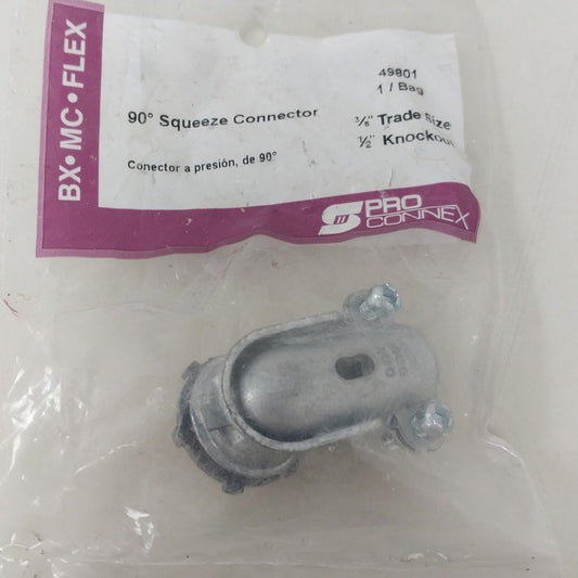 New ProConnex 90 Degree Arm 3/8" 1/2" Knockout Squeeze Cable Connector 49801