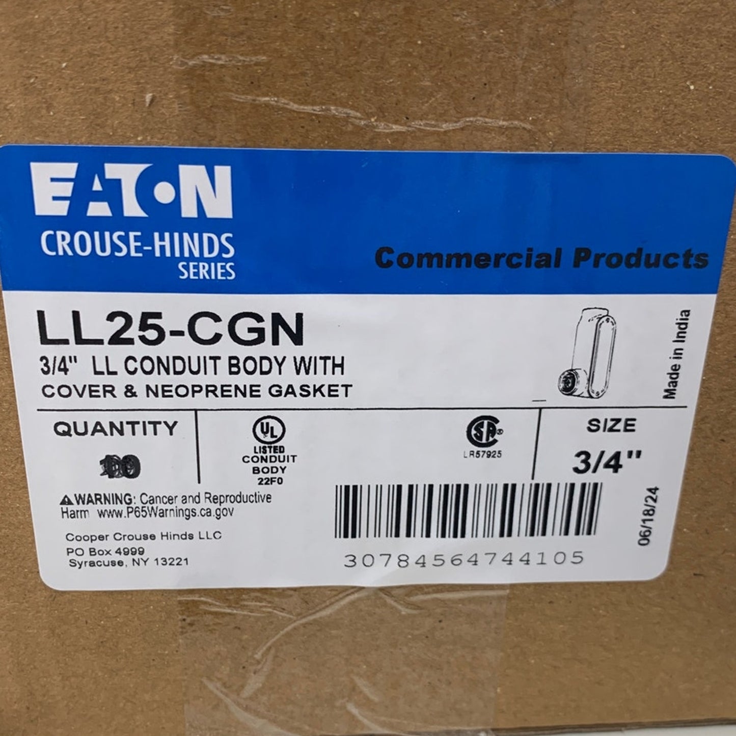 New Open Box Eaton 3/4" LL25-CGN LL Conduit Body w Cover & Neoprene Gasket