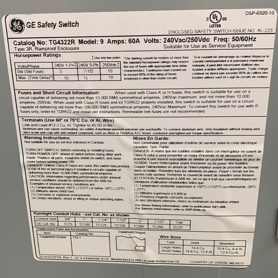 New GE General Electric General Duty 60A 240VAC Metal Box Safety Switch Shutoff