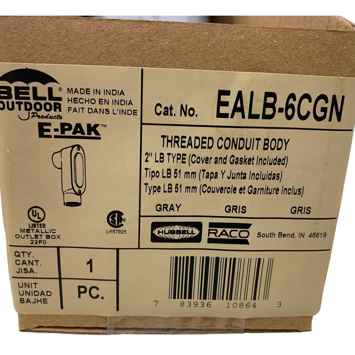 New Hubbell Bell Outdoor EALB-6CGN 2" LB Type Threaded Conduit Body Cover Gasket
