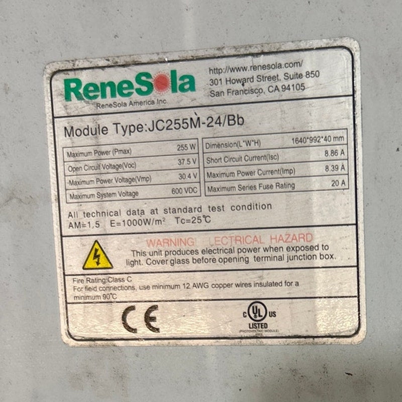 Used ReneSola 255W JC255M-24/Bb Blue Polycrystalline 60-Cell Solar Panel Module