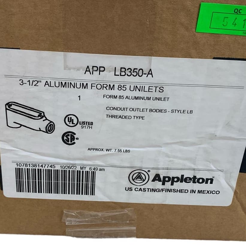New Appleton Form 85 Aluminum Unilets Conduit Body Type LB350A 3.5" Threaded