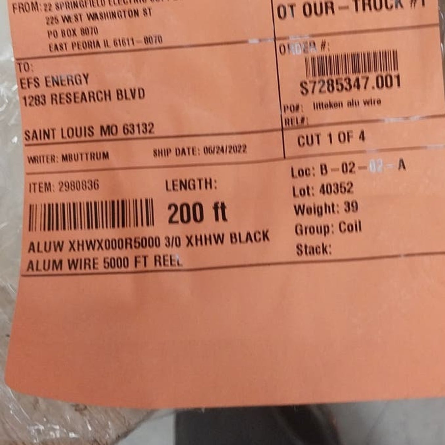 New Wooden Spool of 200 Feet Black 3/0 AWG Aluminum Electrical Wire