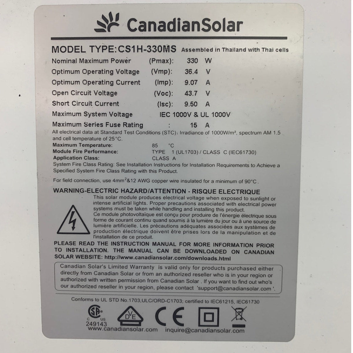 Used Canadian Solar CS1H-330MS Black on Black 330W Solar Panel Module