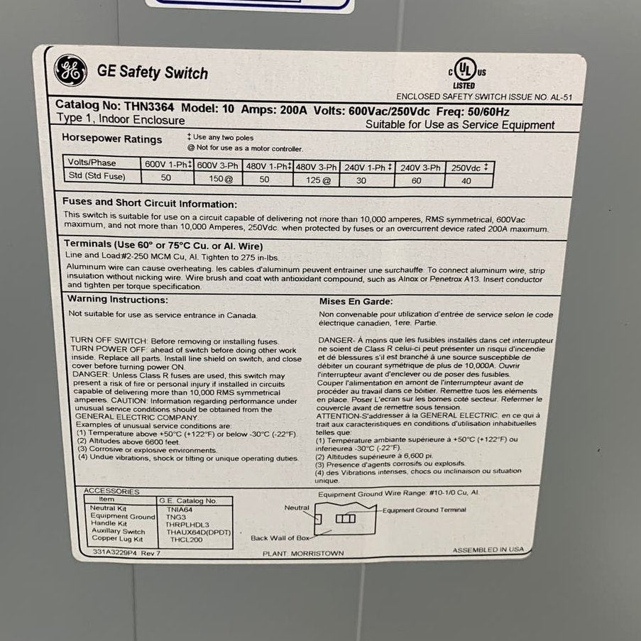New GE General Electric Heavy Duty 200A 600V Metal Box Safety Switch Shutoff