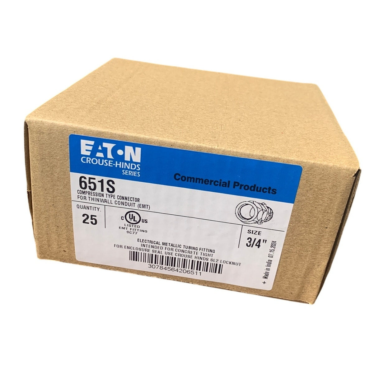 New IN Box 25 Eaton 3/4" 651S Compression Connector EMT Concrete Tight Fittings