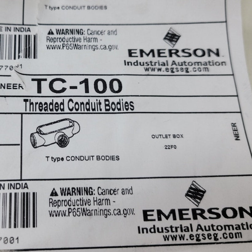 3 New Emerson Industrial 1" TC-100 T-Type Aluminum Threaded Conduit Bodies