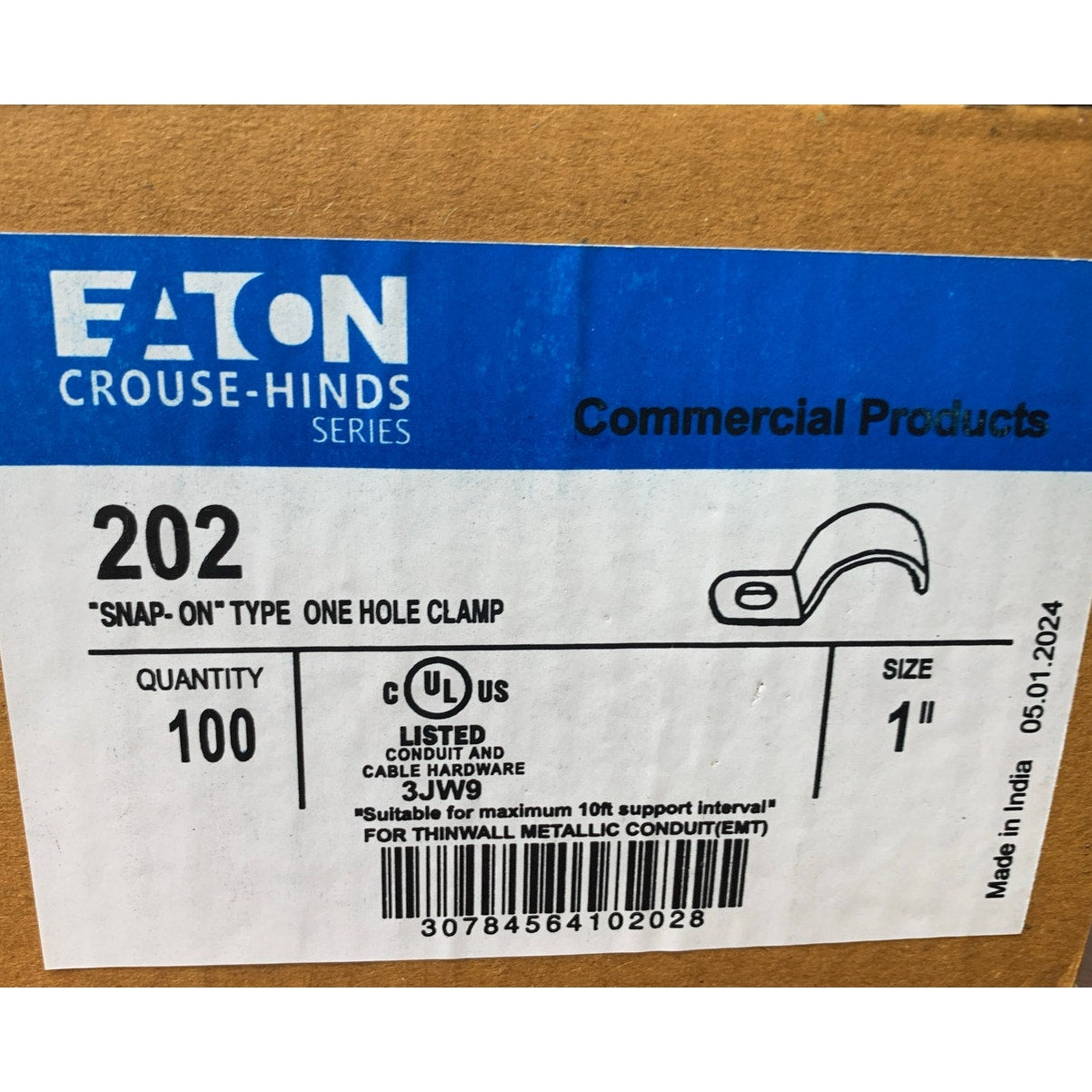 Box of 100 New Eaton 202 1" Metal Snap On Type Pipe Strap One Hole EMT Clamps