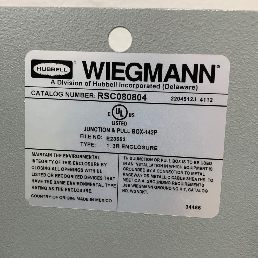 Hubbell Wiegmann RSC080804 Metal Junction & Pull Box 1,3R Enclosure VG Condition