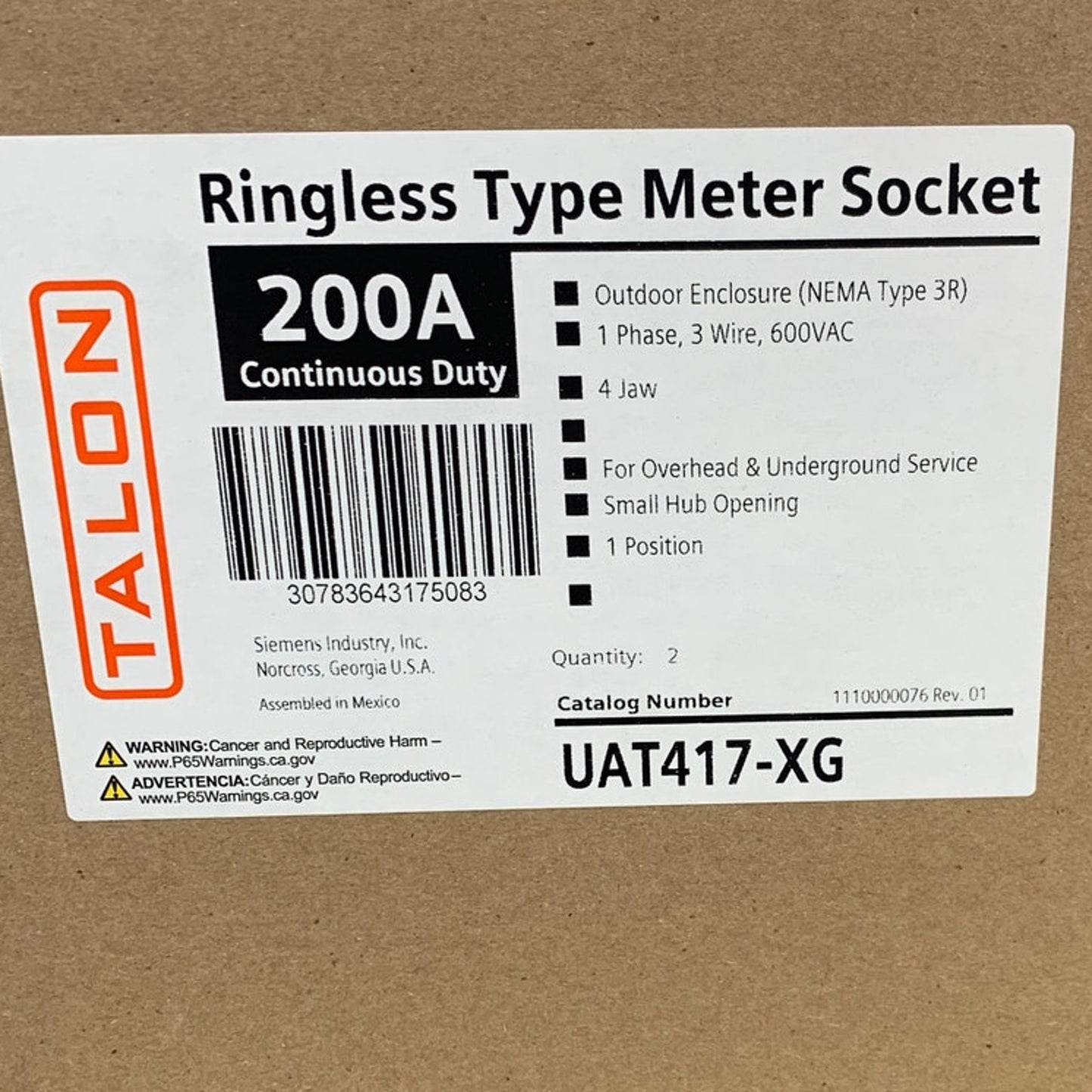 2 New Talon 200A Outdoor Enclosure 3R 1 Phase 3 Wire Ringless Type Meter Sockets