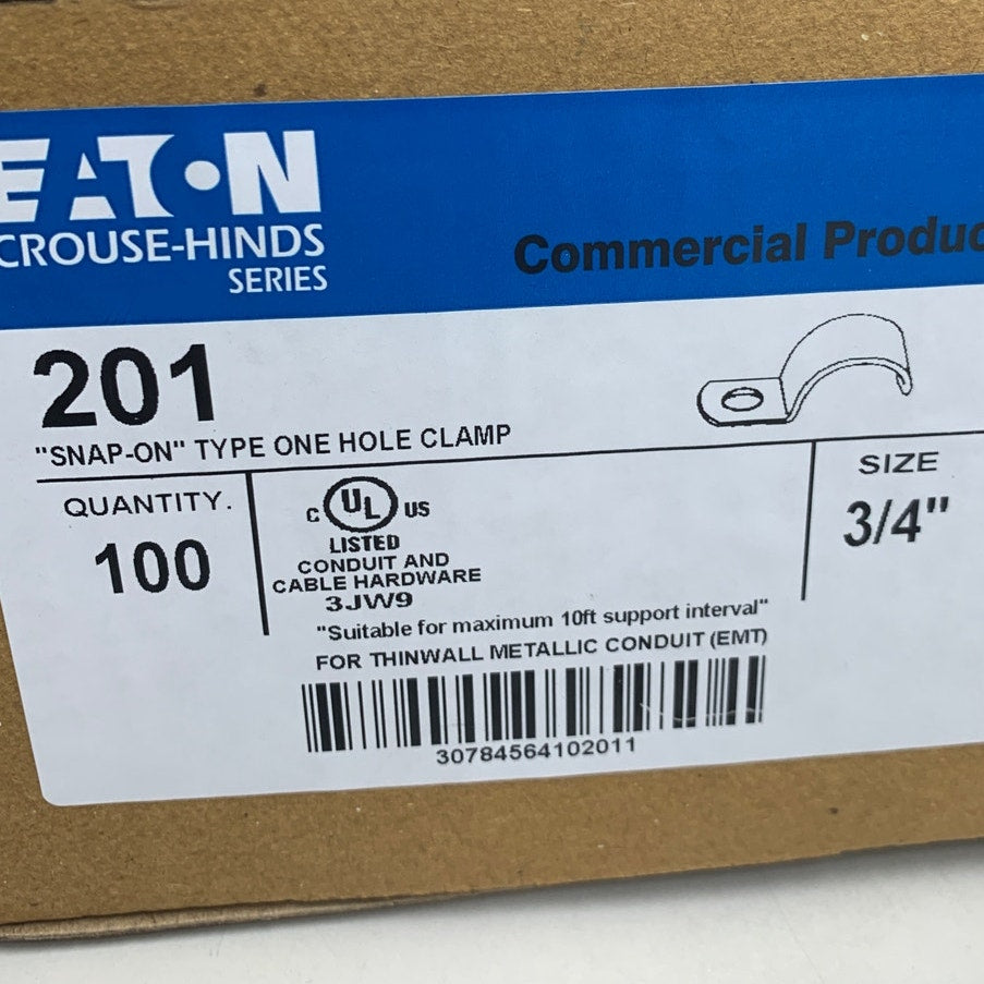 Box of 100 New Eaton 3/4" Metal Snap On Type Pipe Strap One Hole EMT Clamps