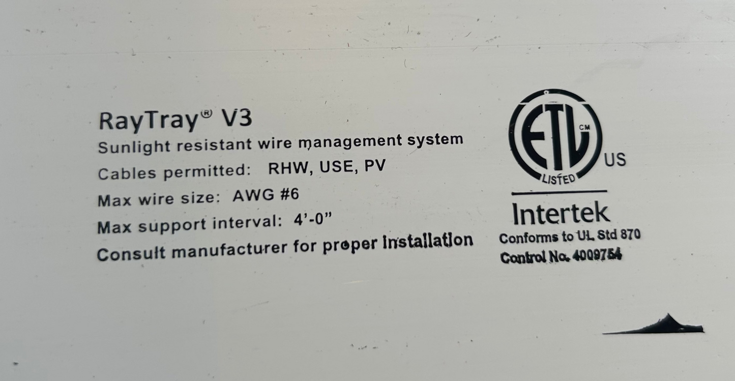 RayTray V3 96" Solar Cable Management Tray with V3 CAP 96" — New, Open Box