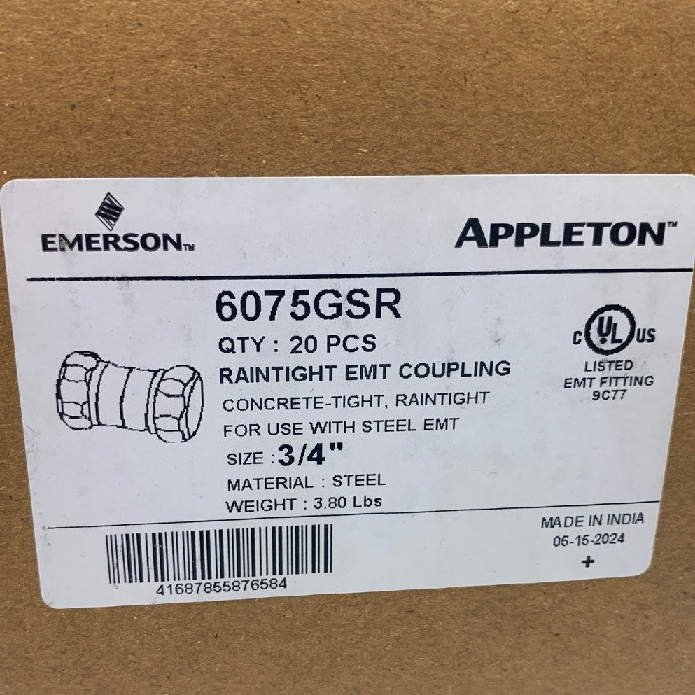 20 New In Box Emerson Appleton 3/4" Concrete Raintight EMT Couplings 6075GSR