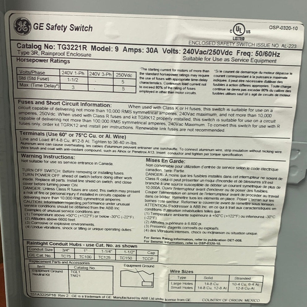 New GE General Electric 30 AMP General Duty Safety Switch GDSS Electrical Box