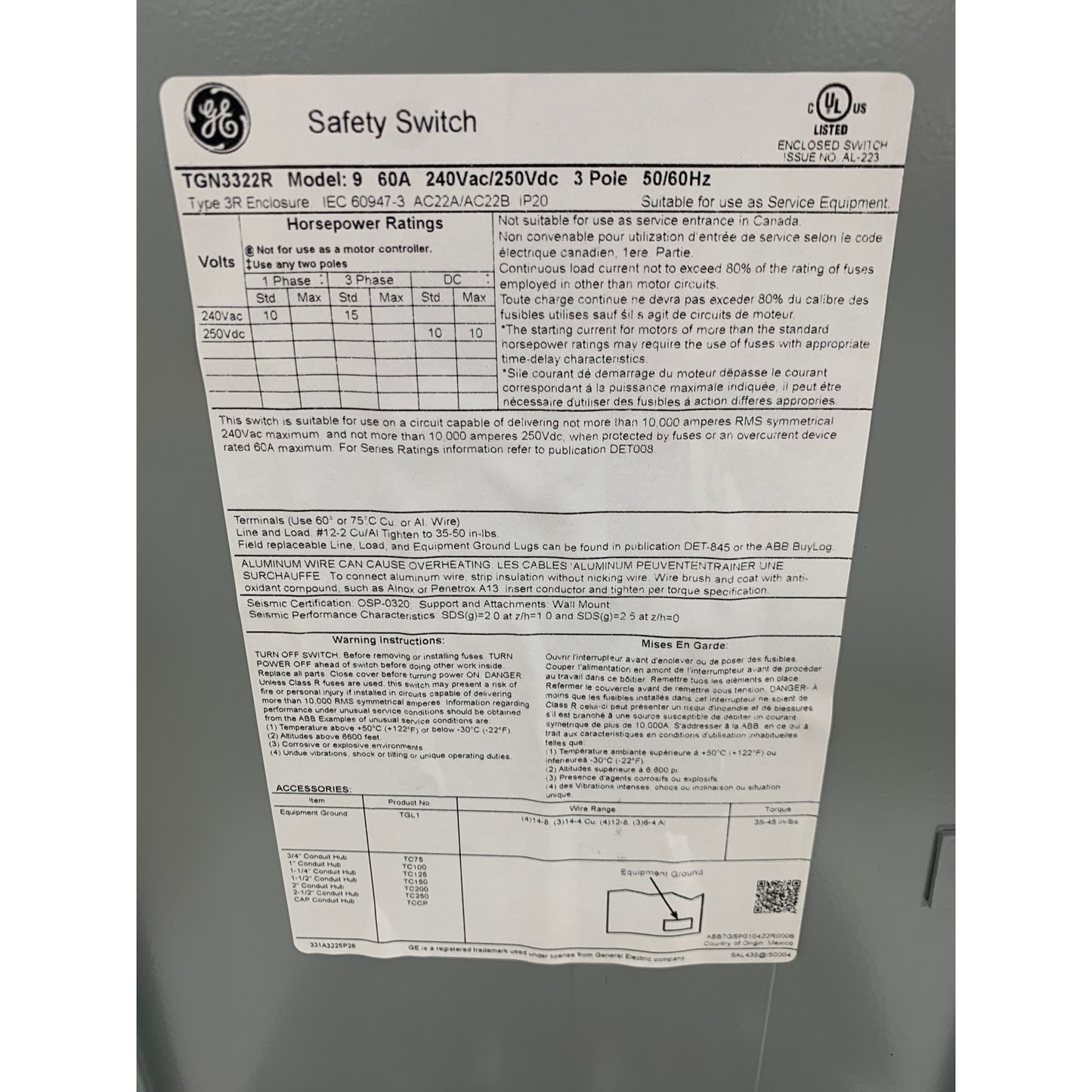 ABB TGN3322R General Duty Safety Switch 60A Non-fusible 3 Pole 240VAC / 250VDC