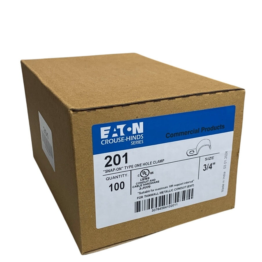 Box of 100 New Eaton 3/4" Metal Snap On Type Pipe Strap One Hole EMT Clamps