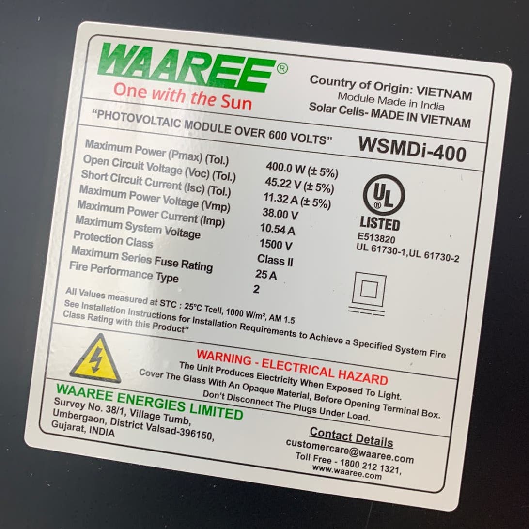 New Waaree WSMDi-400 (400W) Photovoltaic Module 1500V Class II Solar Panel