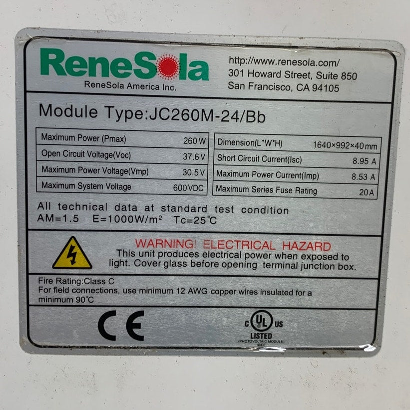 Used ReneSola 260W JC260M-24/Bb Blue Polycrystalline 60-Cell Solar Panel Module