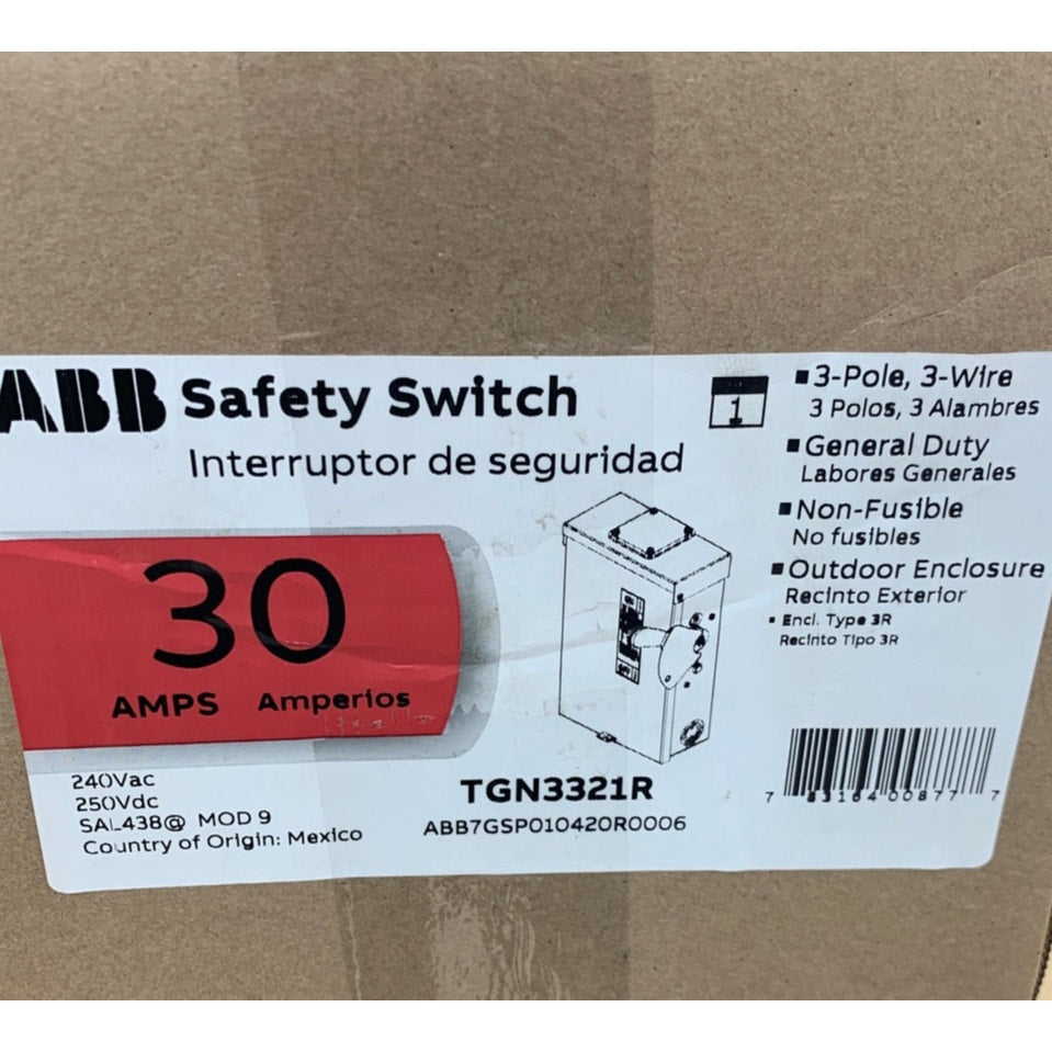New ABB 3 Pole TGN3221R 30A Non-Fusible General Duty Safety Switch
