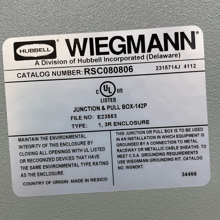 New Hubbell Wiegmann RSC080806 Metal Junction & Pull Box 1,3R Enclosure