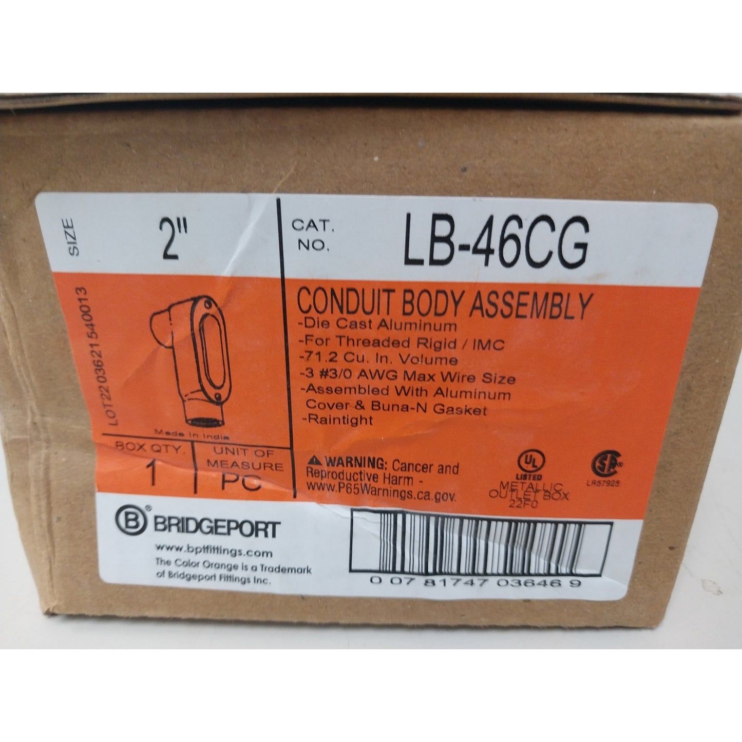 New Bridgeport LB-46CG 2" Die Cast Aluminum Conduit Body With Cover & Gasket