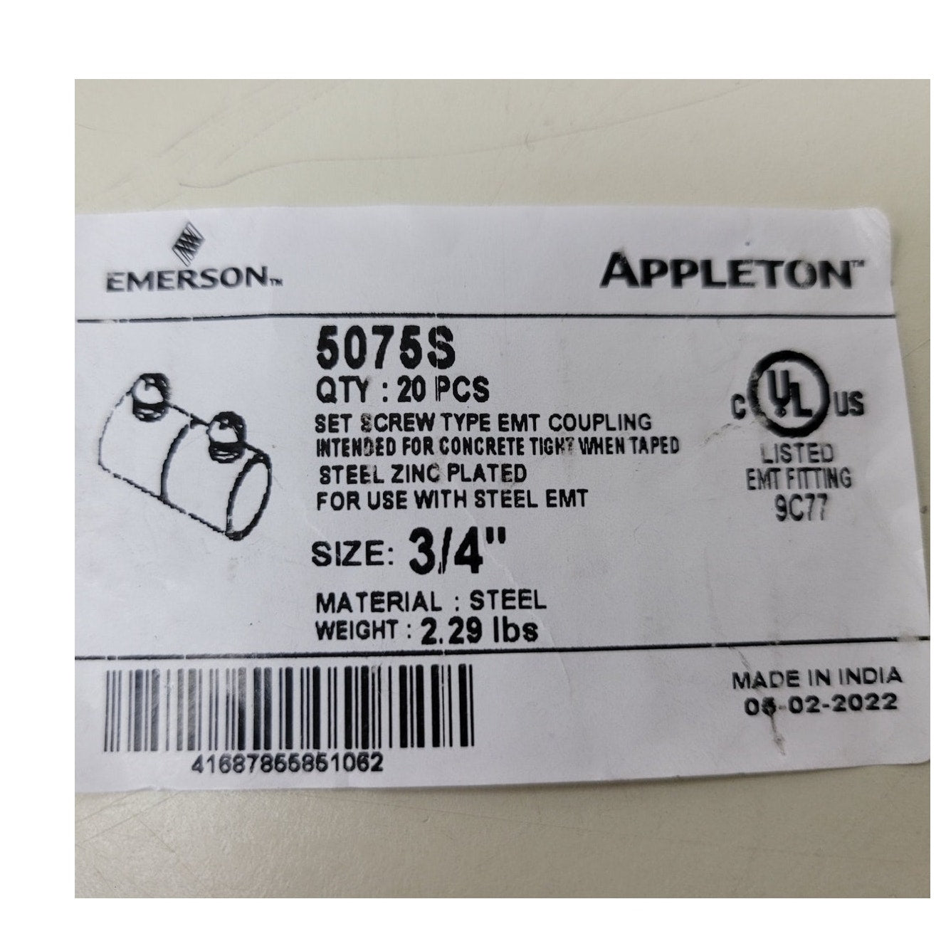 10 New Appleton 3/4" Set Screw Type EMT 5075S Electrical Steel Couplings