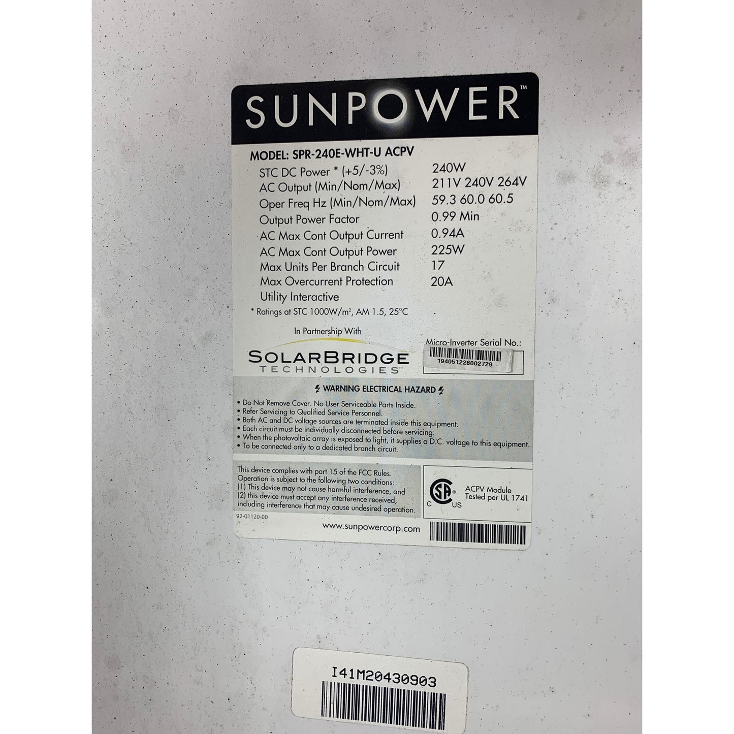 Used Sunpower SPR-225E-WHT-U-ACPV 240W White Squares Solar Panel Module