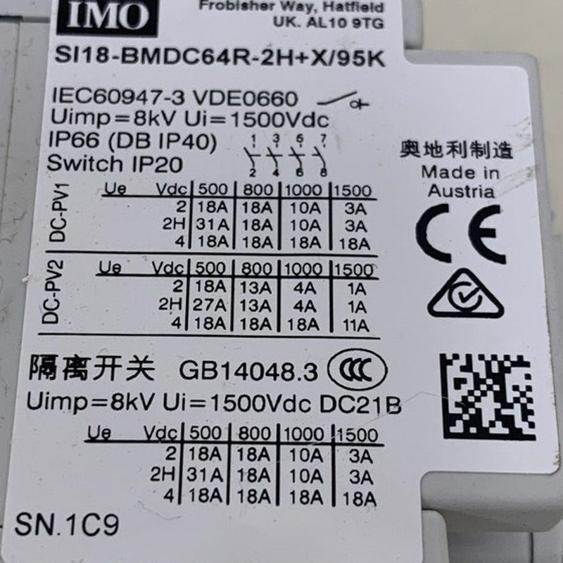 New IMO SI18-BMDC64R-2+X/95K Isolation PV Manual Disconnect IP20 Switch