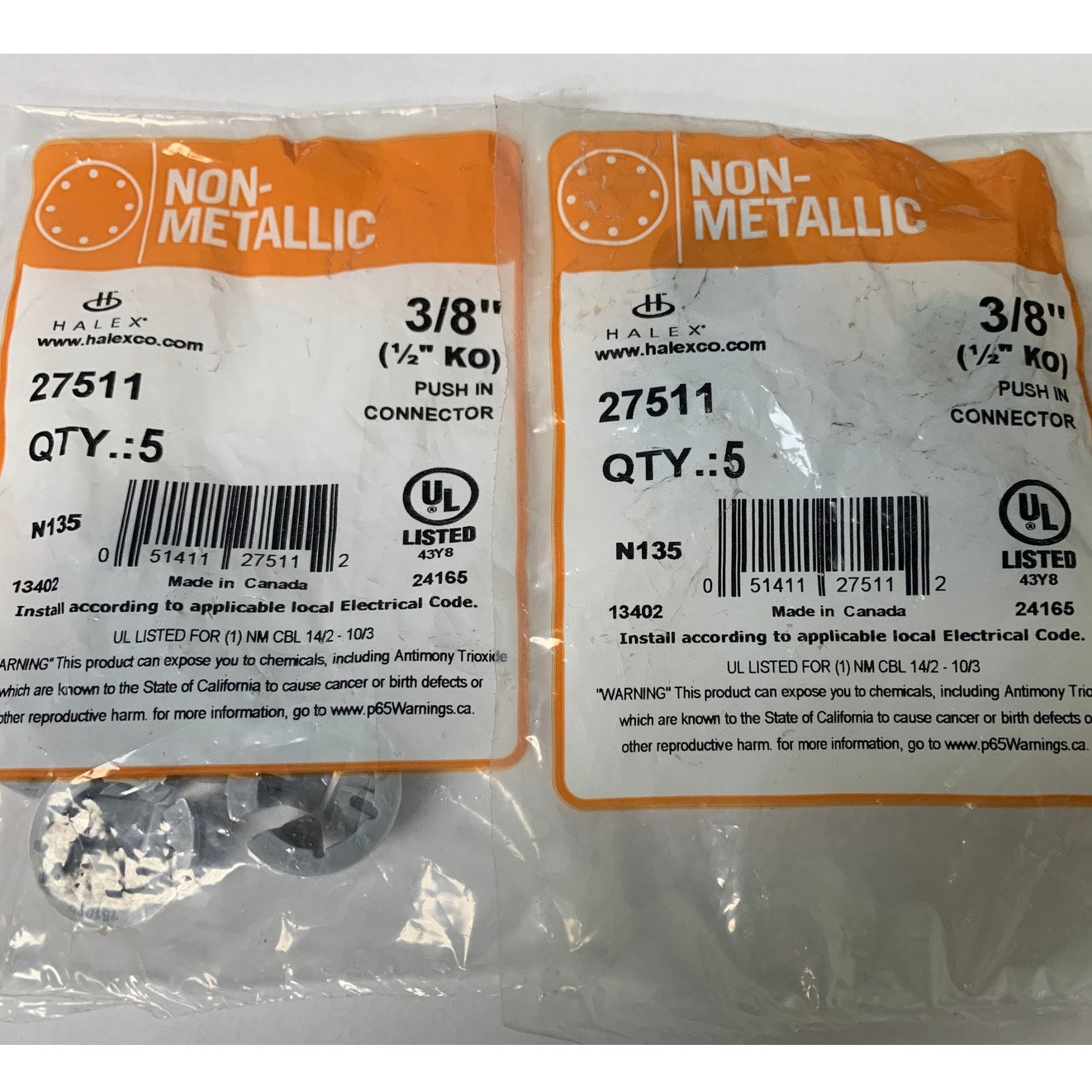 10 New Halex 3/8" (1/2" KO) Non-Metallic Plastic Push In Connectors 27511