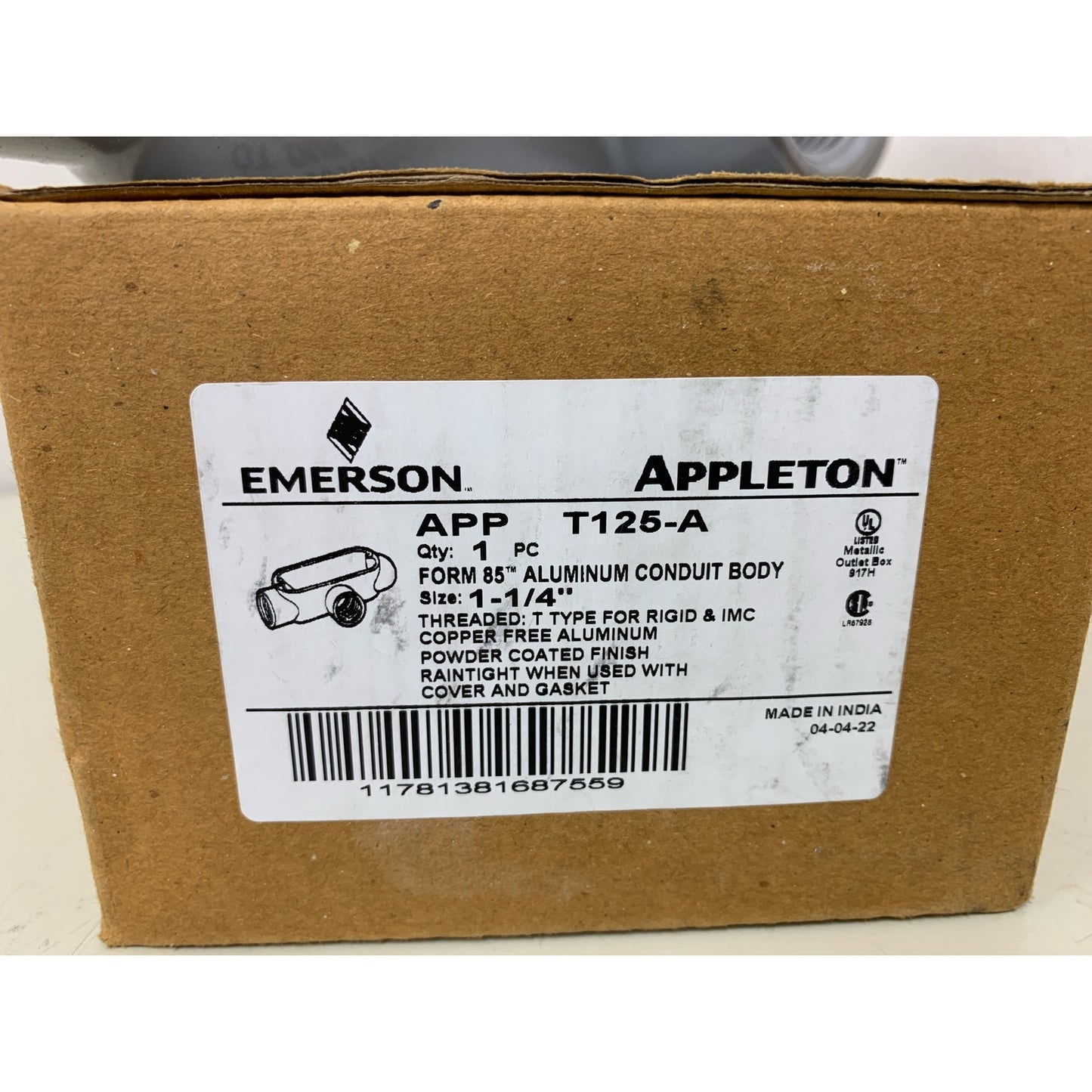 New In Box Emerson T125-A Form 85 1.25" Aluminum T Conduit Body