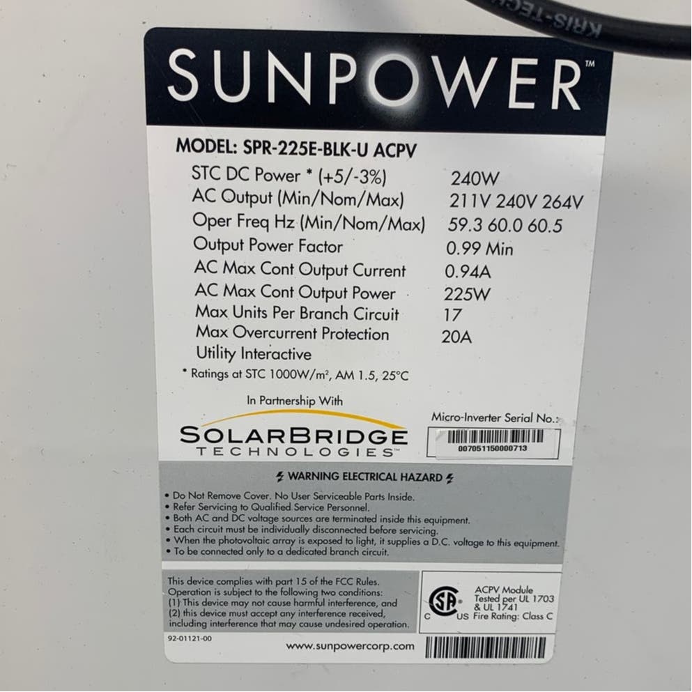 New Sunpower SPR-225E-BLK-U-ACPV (240W) Black Squares Solar Panel Module