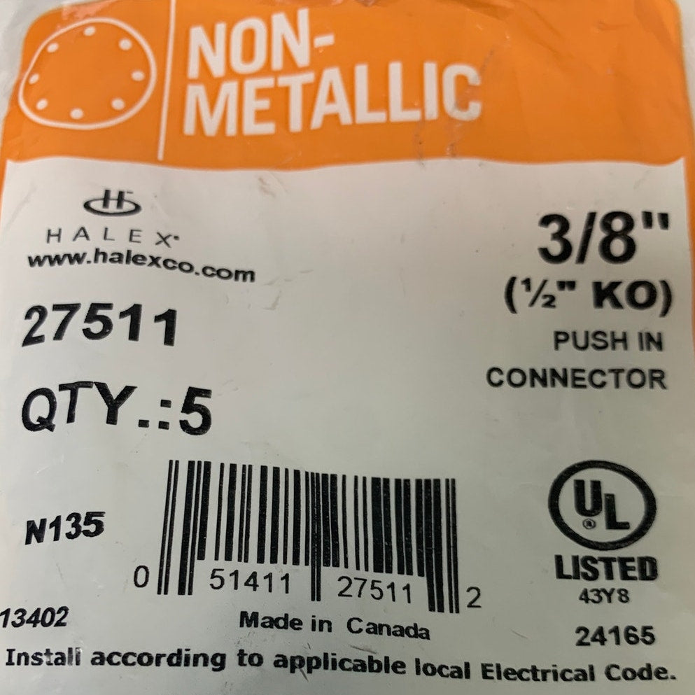10 New Halex 3/8" (1/2" KO) Non-Metallic Plastic Push In Connectors 27511