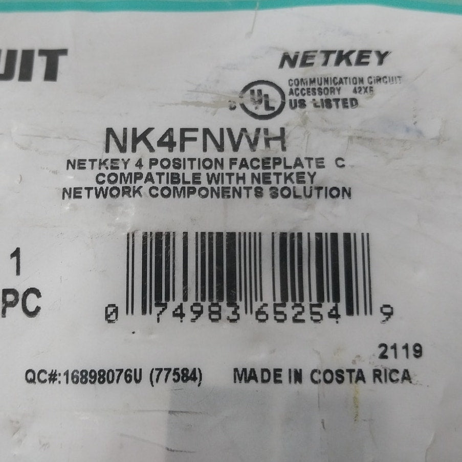 New Panduit Netkey NK4FNWH 4 Position White Plastic Faceplate