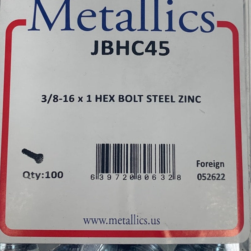 New 100 Metallics JBHC45 3/8-16 X 1 Hex Bolt Steel Zinc Sealed Plastic Jar