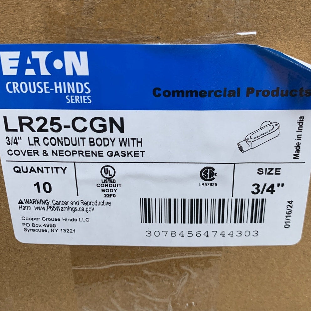 10 New In Box Eaton LR25-CGN 3/4" LR Conduit Bodies w Covers & Neoprene Gaskets