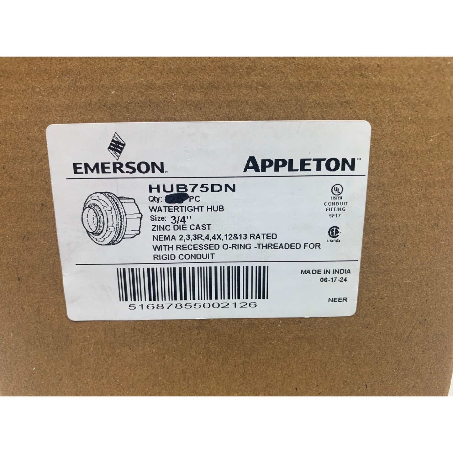 5 New Emerson 3/4" DieCast Recessed O-Ring Rigid Conduit Watertight Hubs HUB75DN