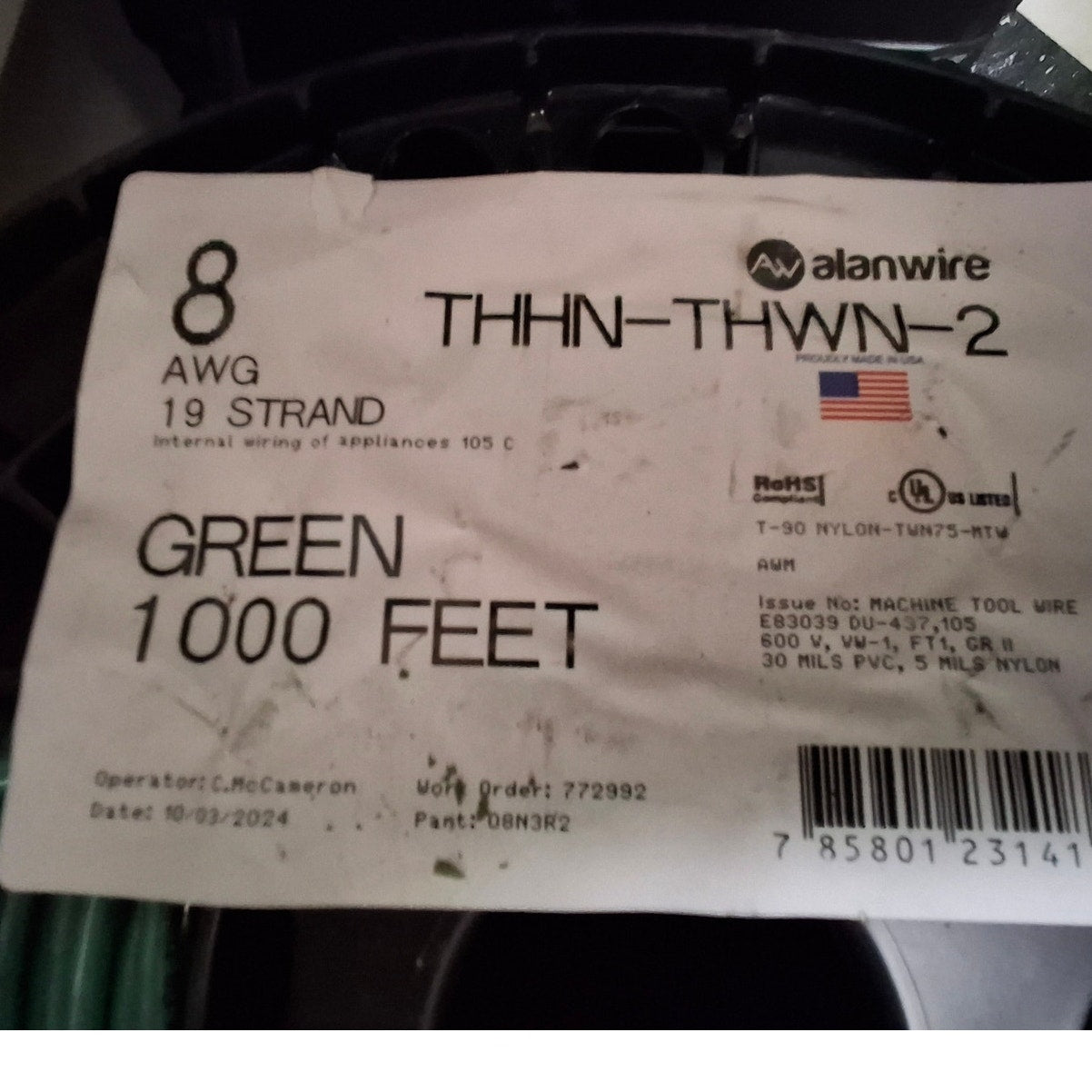 New 1000’ 8 AWG THHN THWN RoHS Stranded 600V Copper Wire Spool in Green