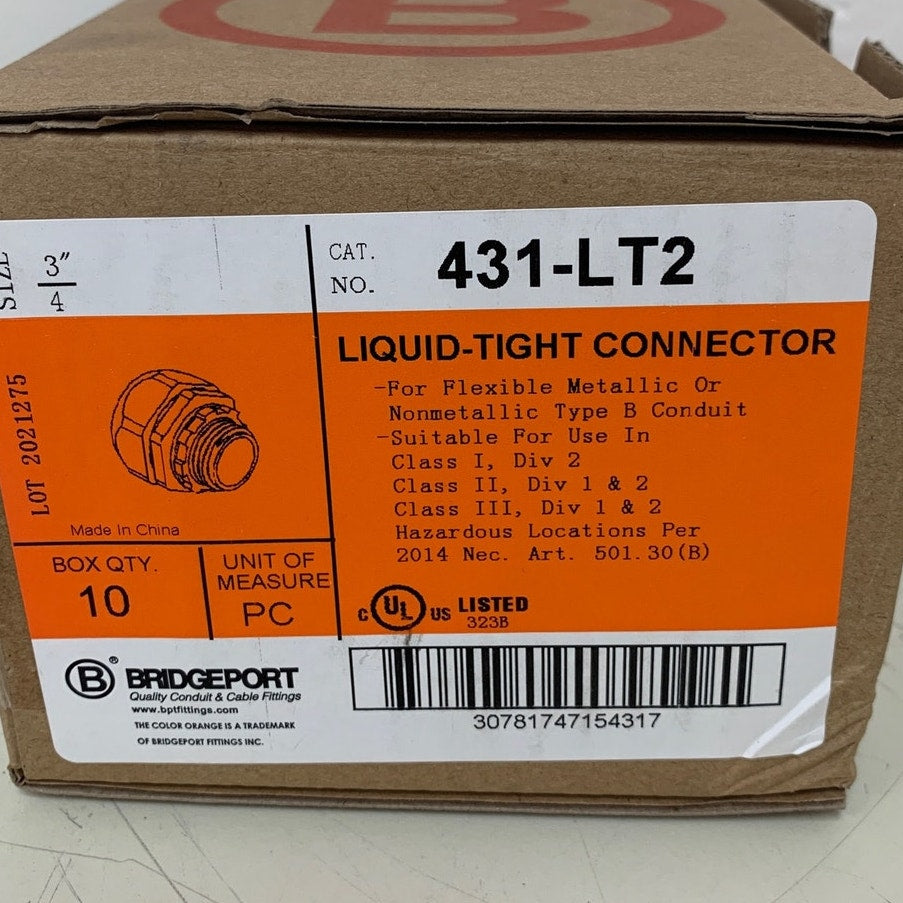 10 New Bridgeport 3/4" 431-LT2 Liquid-Tight Electrical Connectors Original Box