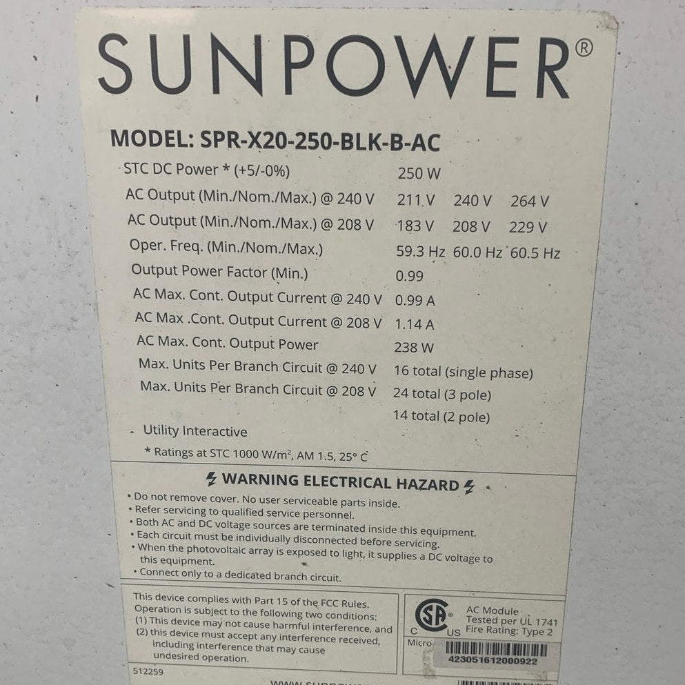 Used Sunpower 250W SPR-X20-250-BLK-B-AC Black on Black Solar Panel Module