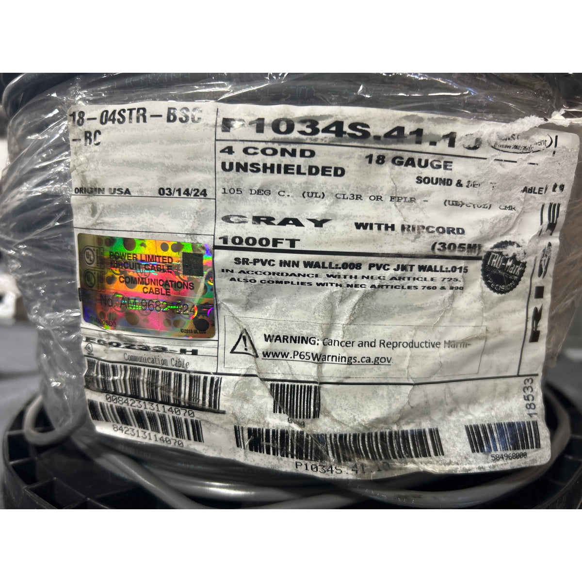 18/4 Stranded Sound & Security Cable, Gray, 1000-ft Labeled Reel, NOS