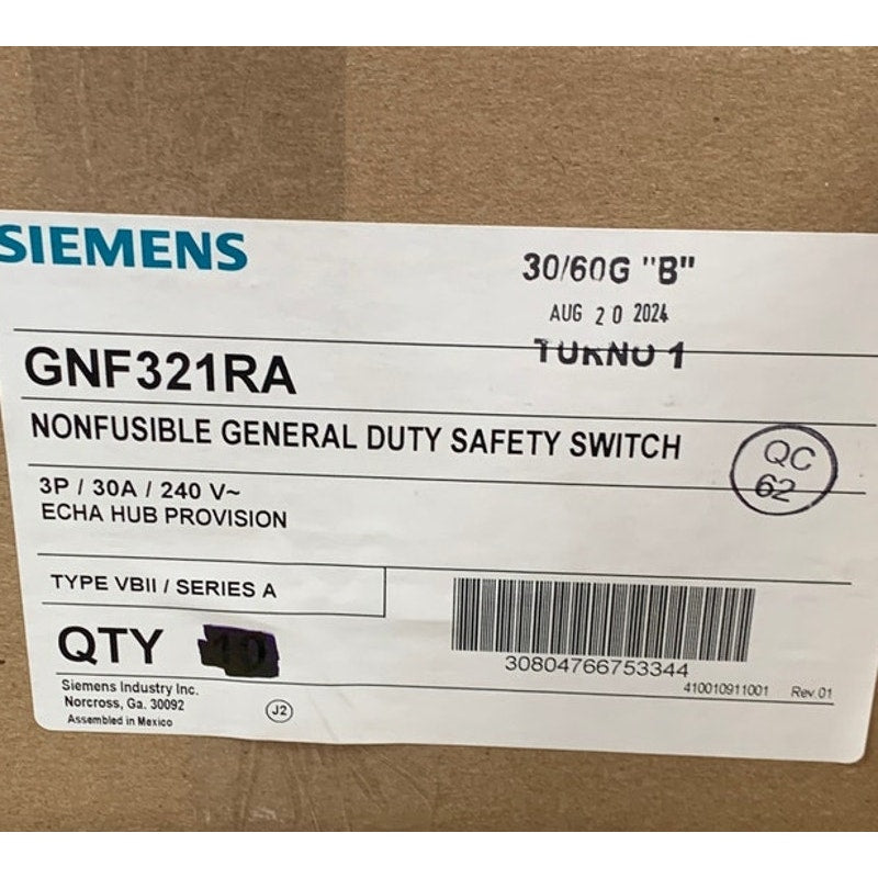 New Open Box Siemens GNF321RA 30A Non Fusible General Duty Safety Switch
