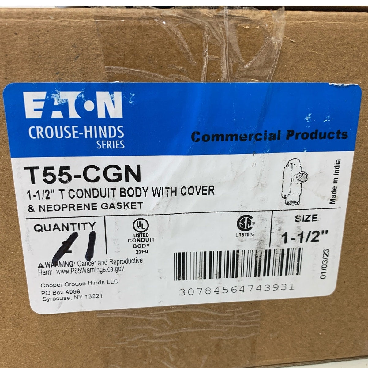 New In Box Eaton T55-CGN 1.5" Aluminum T Conduit Body With Cover Neoprene Gasket