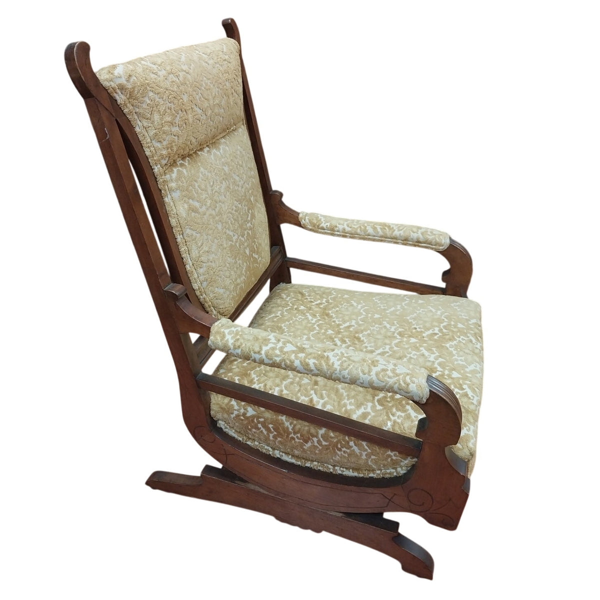 Vintage Gold Floral Print Fabric & Wood Glider / Rocking Chair
