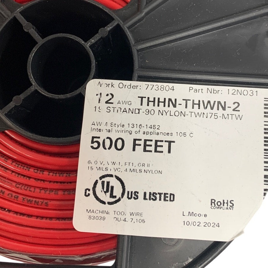 New 500’ 12 AWG THHN THWN RoHS Stranded 600V Copper Wire Spool