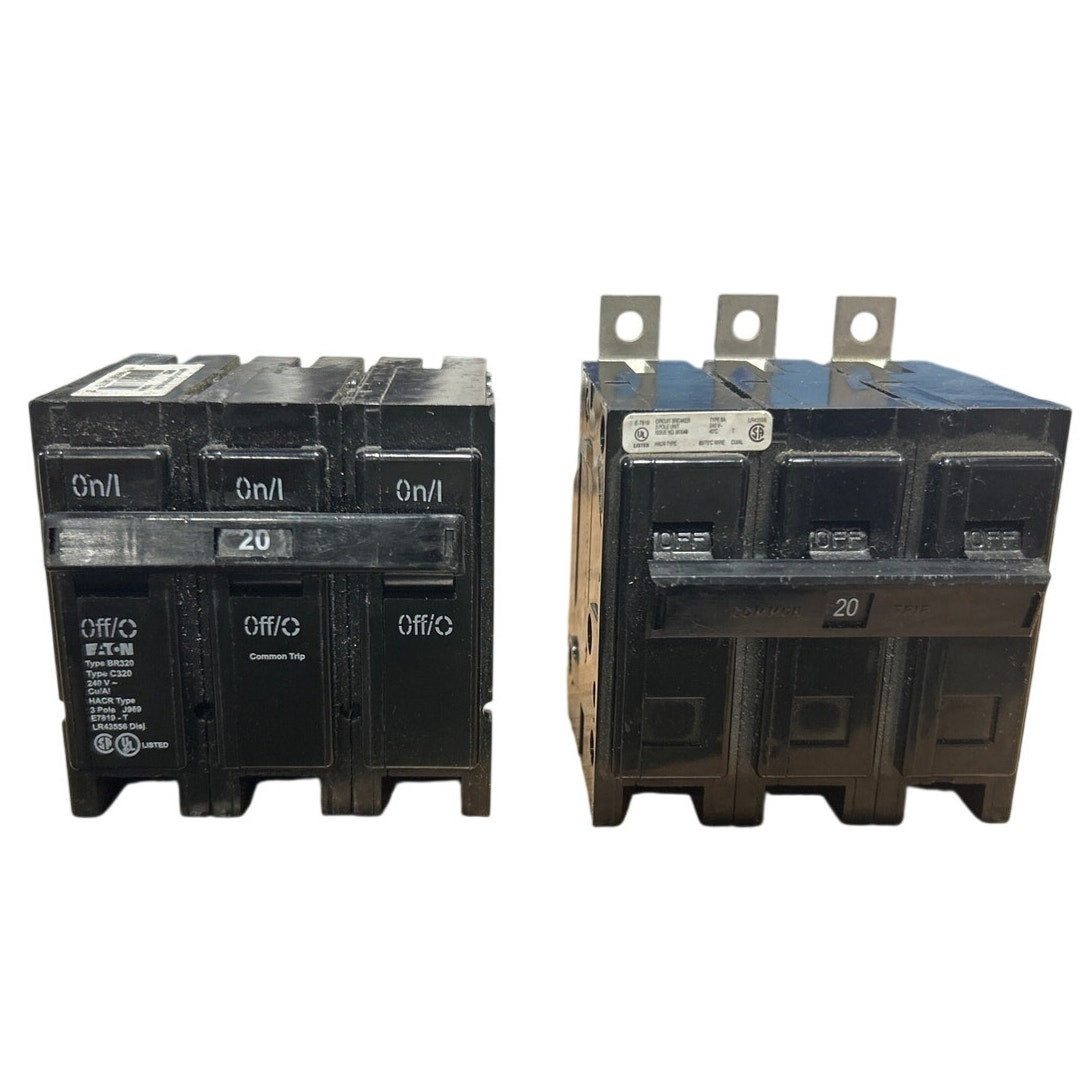 2 New Open Box Black Eaton Type BR320 20A 3 Pole Circuit Breakers